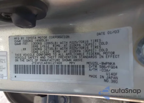 2003 Toyota Highlander V6 z USA, uszkodzony, nr VIN JTEHF21A830127468